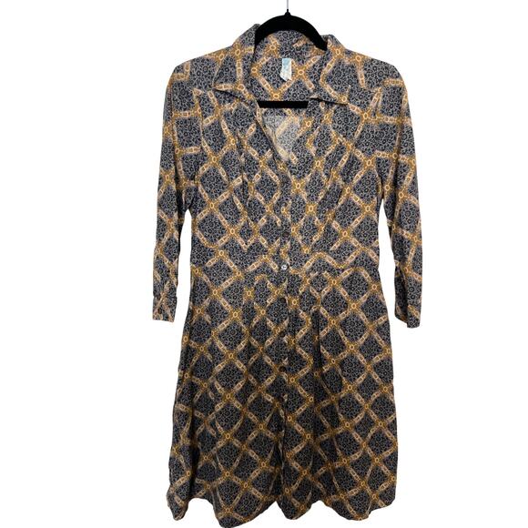 Maeve Button Front Collared Dress Gray Mustard Print Cotton Retro Boho Prairie - Picture 1 of 15